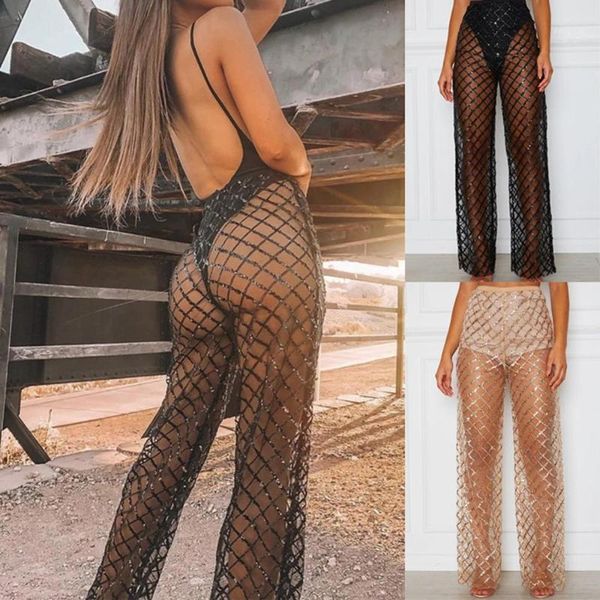 

women's pants & capris bkld womens trousers casual 2021 summer beach party cover up wide leg plaid squined mesh sheer, Black;white