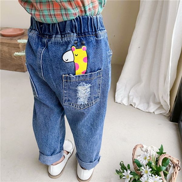 

jeans korean style spring girls cartoon giraffe elastic waist wide leg denim pants kids clothes e7030 5uo7, Blue