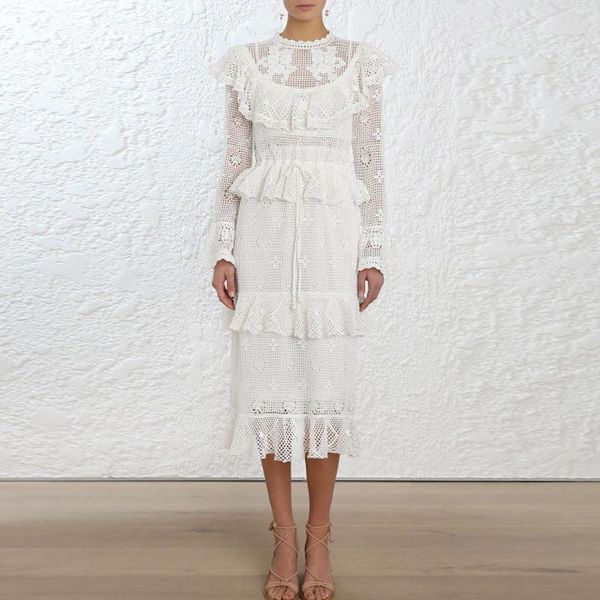 

casual dresses fashion for womon summer luxury white lace 2 pieces hollow out full sleeve o-neck party mid dress ds104, Black;gray