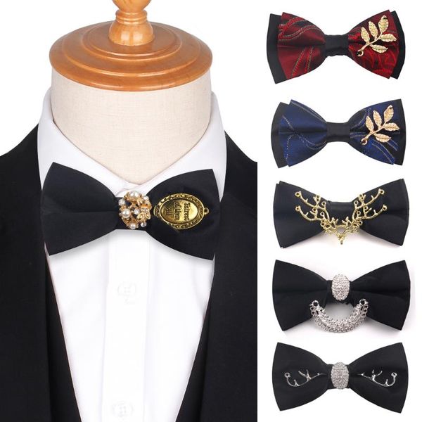 

bow ties original design tie men's for wedding party metal golden wolf two layer neck bowtie fashion handmade solid, Black;gray
