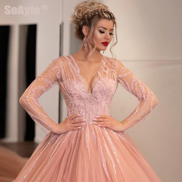 

party dresses soayle ball gown evening long luxury crystal arabic dress plus size deep v-necktransparent sleeve robe de soire, White;black