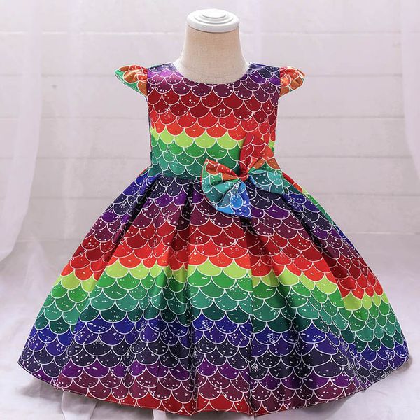 

girls dresses baby clothes kids clothing children wear rainbow colorful princess bows party formal dress pettiskirt costume b7628, Red;yellow