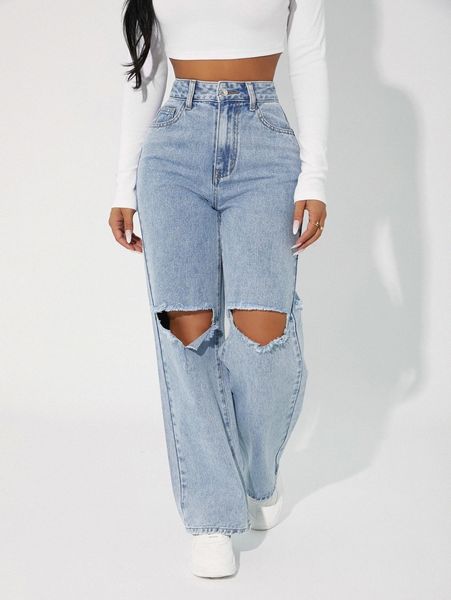 

petite high waist cut out straight leg jeans 49xh#, Blue