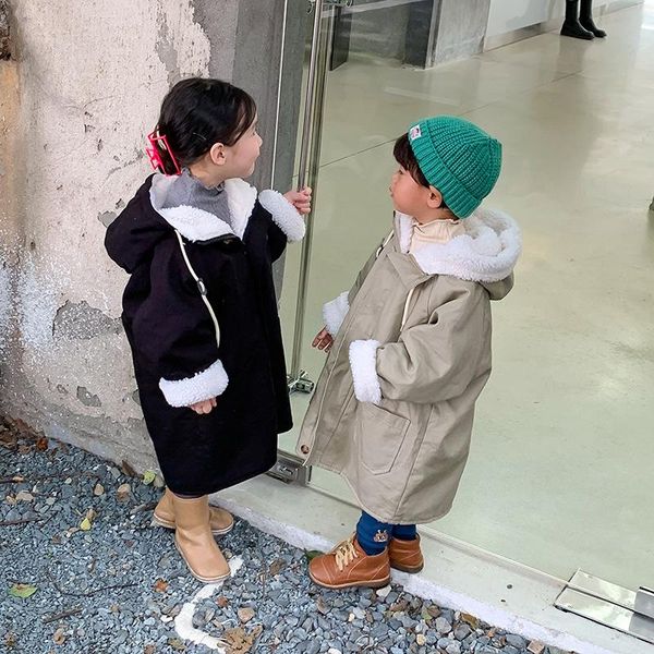 

jackets 2021 winter girls lamb wool lining hooded coats korean style boys fashion soft oversized long, Blue;gray