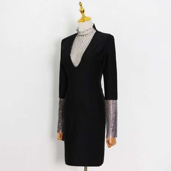 

casual dresses pullover patchwork diamonds dress for women v neck long sleeve high waist sheath knee length female 2021, Black;gray