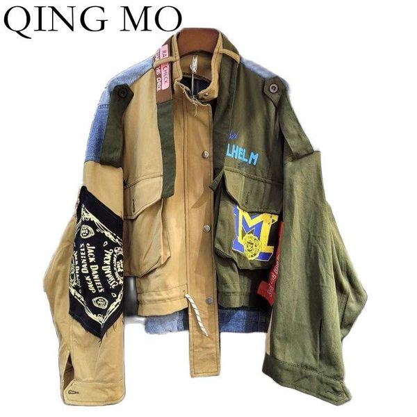 

women's jackets qing mo autumn fashion contrast color tooling style women jacket 2021 denim stitching zipper cardigan female zwl1007, Black;brown