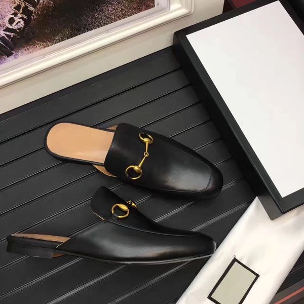

luxury designers leather loafers muller designer slipper mens shoes with buckle fashion men princetown slippers casual mules flats 38-46, Black