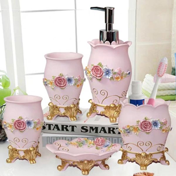 

bath accessory set wedding gift bathroom set- pink accessories kit-red resin five-piece set-soap dispenser-toothbrush holder