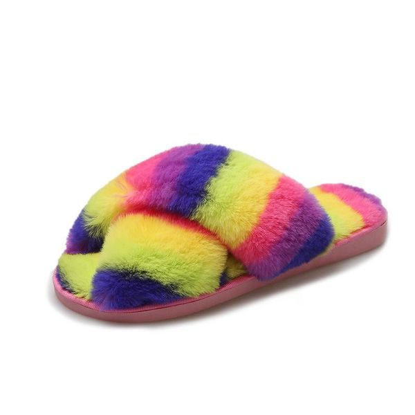 

slippers indoor furry flat flip flops warm soft non-slip female shoes winter women plush home cross rainbow color cotton slides, Black