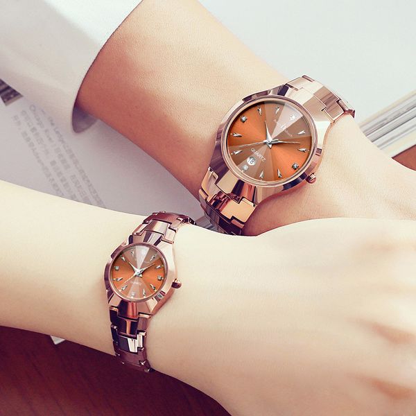 

new men's suit couple's a pair of tungsten waterproof steel band watches for women, Slivery;brown