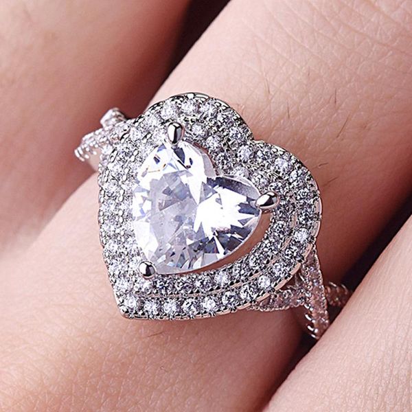 

cluster rings full zircon diamonds for women femme love heart anillos 18k white gold silver 925 wedding ring jewelry bijoux fashion, Golden;silver
