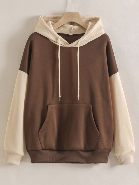 

colorblock drawstring pocket thermal lined hoodie 41t4#, White;black