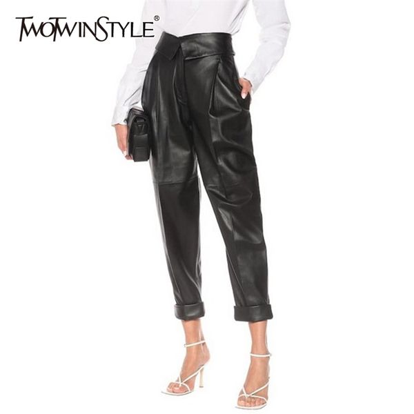 Случайные черные брюки гарема для женщин высокая талия свободные твердые минималистские искусственные кожаные брюки женские мода 210521