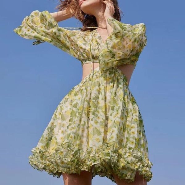 

casual dresses women floral print chiffon summer dress hollow out high waist mini holiday, Black;gray