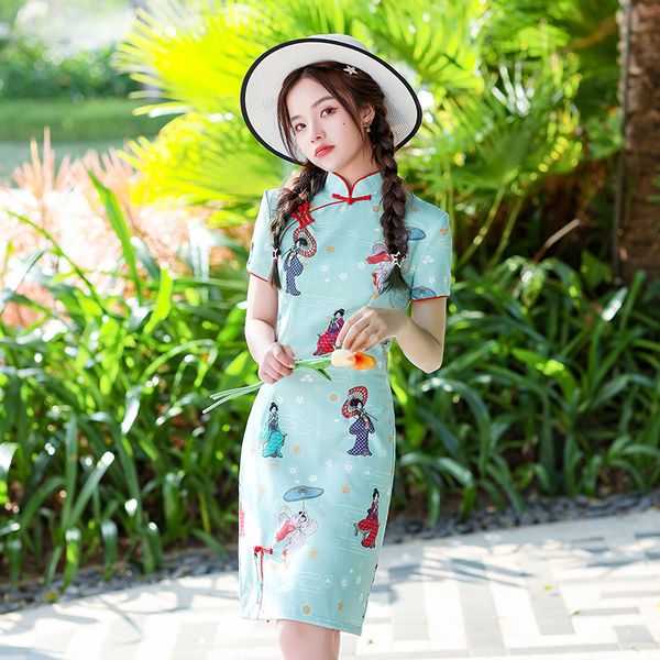 

chinese beauty printed short sleeve mini cheongsam female ice silk qipao elegant traditional clothing size s-2xl, Red