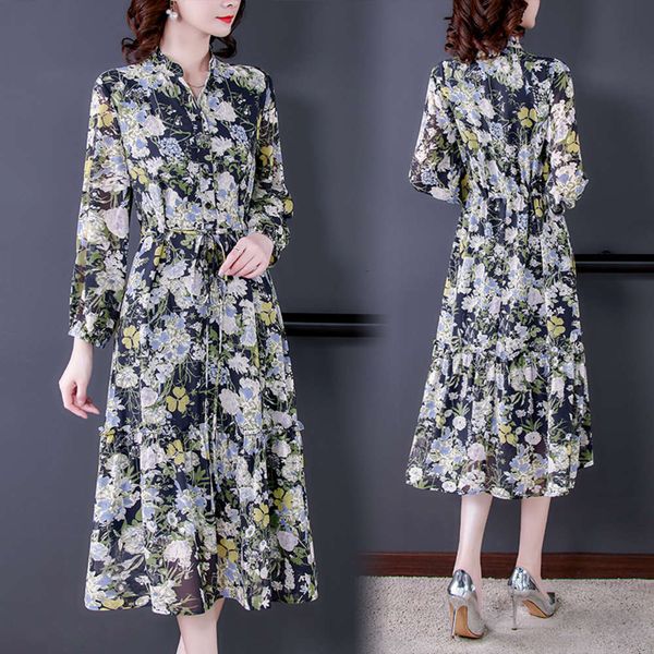 

spring 2022 new lady style slim floral lace up waist print dress, Black;gray