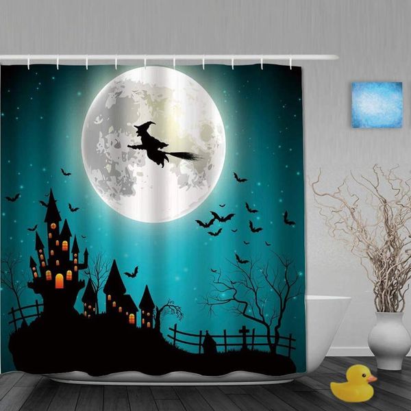 

ranelpm decoration shower curtain - spa, l luxury witch teal night flying castle scary ghost happy halloween kids moon water