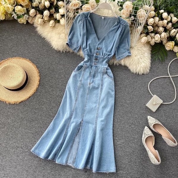 

women womens dress summer retro midi denim solid v neck button split slim korean elegant streetwear ruched, Black;gray
