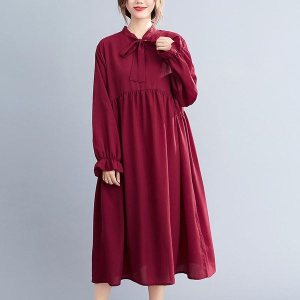 

casual dresses johnature women clothing bow collar loose dress 2021 autumn ruffles solid color female, Black;gray