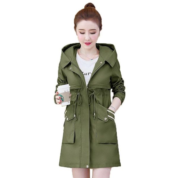 

women's trench coats coat female long sleeve windbreaker mid-long hooded spring autumn pocket casual outwear tooling w154, Tan;black