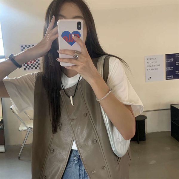 

autumn version loose double buckle vest simple design feeling women's, White
