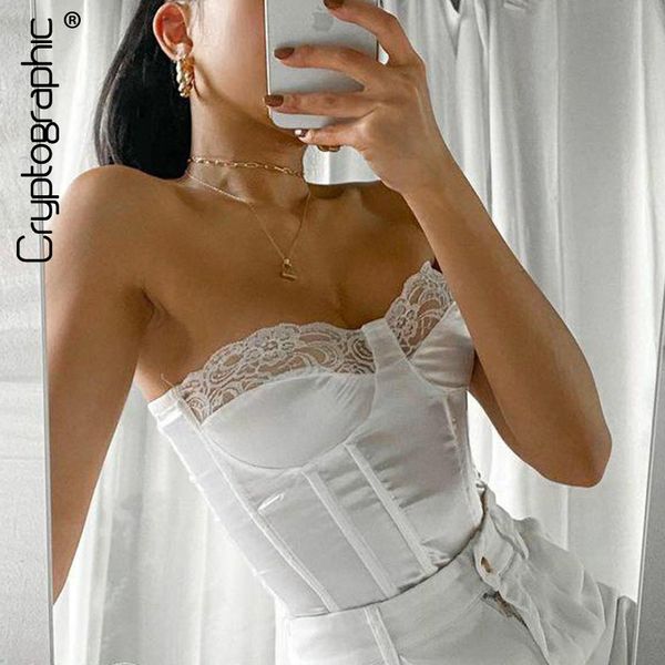 

cryptographic off shoulder satin lace cupped crop for women tube sleeveless backless cropped feminino streetwear, Black;white
