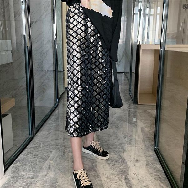 

skirts stylish loose wild a word long sequined skirt, Black