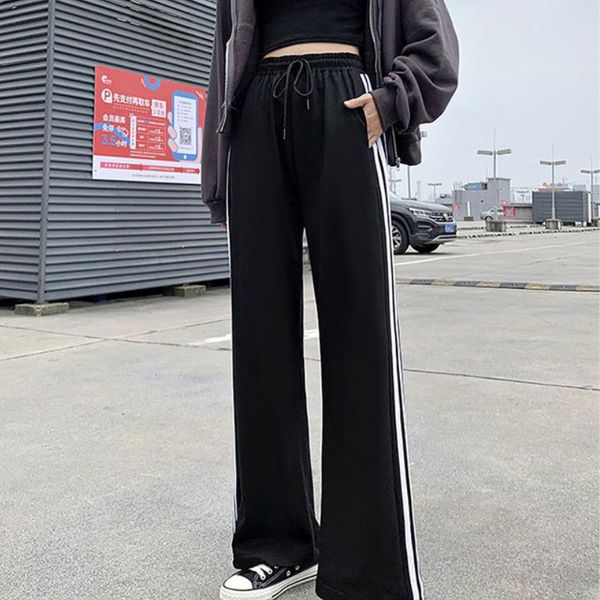 

women's pants & capris casual wide leg spring and autumn korean loose sports elastic waist straight tube thin, Black;white
