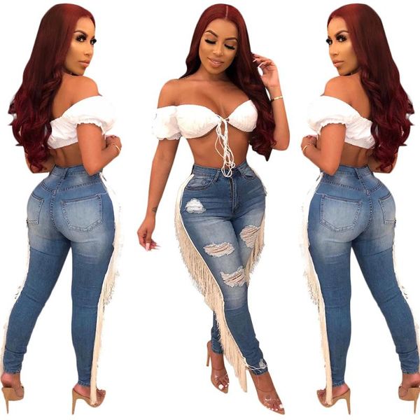 

women's pants & capris plus size s-3xl skinny hole ripped jeans women fashion high waist denim pencil ladies side tassel mujer trousers, Black;white