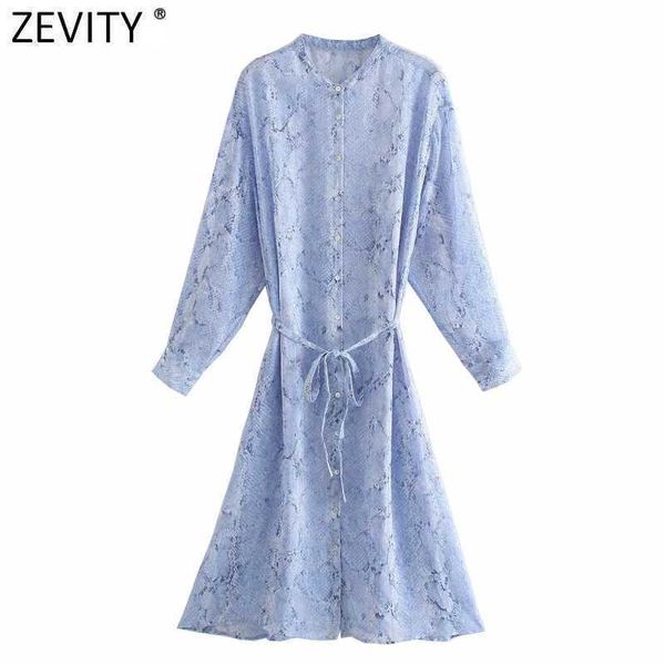 Zeveity Женщины Vintage O Wee Snake Skin Print Lace Up Повседневная Рубашка Платье Женский Шикан Одиночные Одиночные Прозрачные Vestidos DS8292 210603