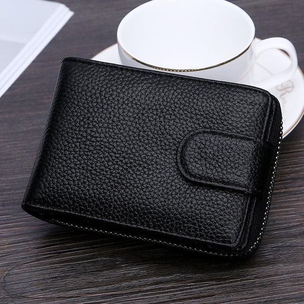 

card holders men id holder women business genuine leather rfid zipper coin wallet casual bank case purse, Brown;gray