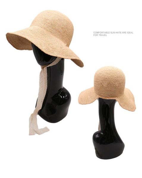 

wide brim hats 202106-gaoda-gouzhen pastoral style handmade fine raffia grass lace ribbon sunshade holiday lady sun cap women leisure hat, Blue;gray