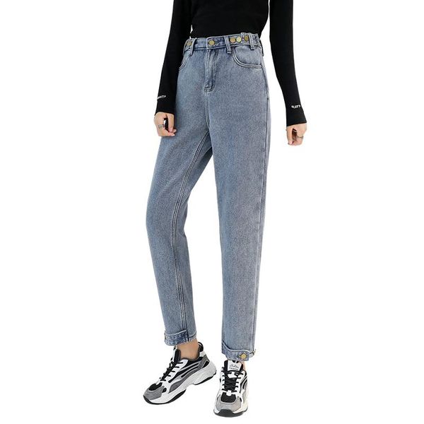 

women's jeans loose straight nine-point casual warm 2021 autumn and winter harem pants plus velvet thickened old, Blue