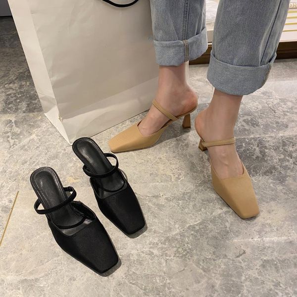 

spring 2021 women slippers fashion square toe mules sandals shoes for woman thin high heels female, Black