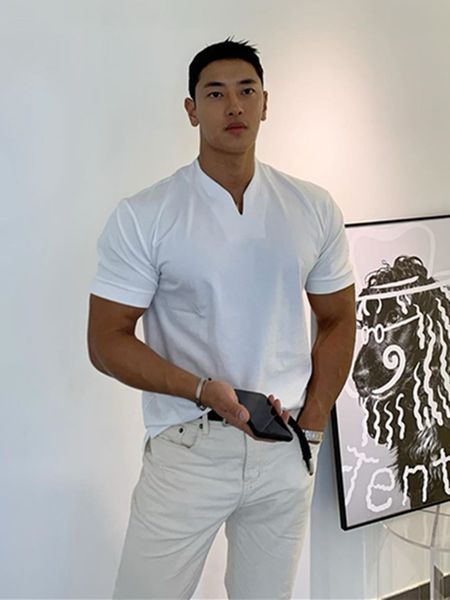 

men's t-shirts muscle fitness sports short sleeve t cotton shirts with cleavage v plus-size fashion loose t-training breathable sweater, White;black