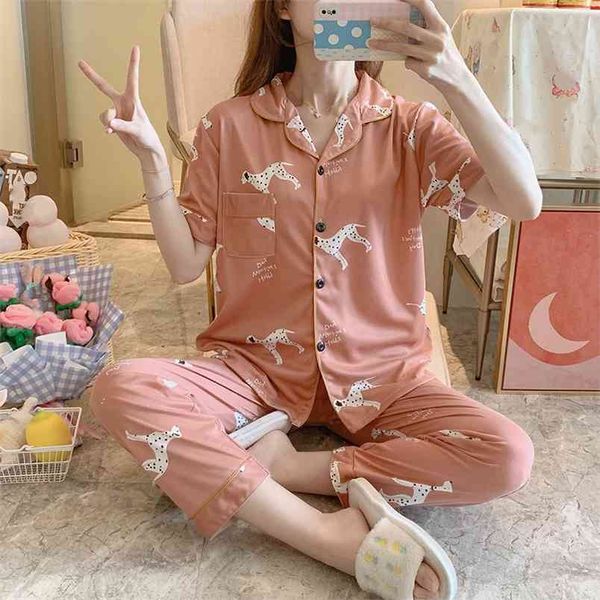 Venda Mulheres Casa Desgaste Primavera Verão De Manga Curta Pijama Set Longo Pant Pijama S Algodão Lazer Sleepwear 210830