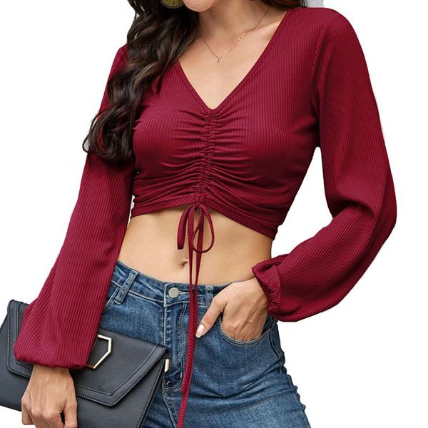 

women's t-shirt 2021 arrival woman t shirt long sleeve deep v neck line midriff-baring female kniting blended drawstring bow spandex ri, White