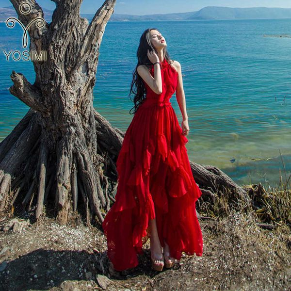 

yosimi summer women dress elegant maxi red chiffon vintage long es stand-neck sleeveless party female 210604, Black;gray