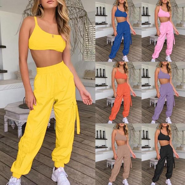 

summer 2 peice set elegant womens tracksuits pants sets backless bandage crop camisole pockets long cargo outfits, Gray