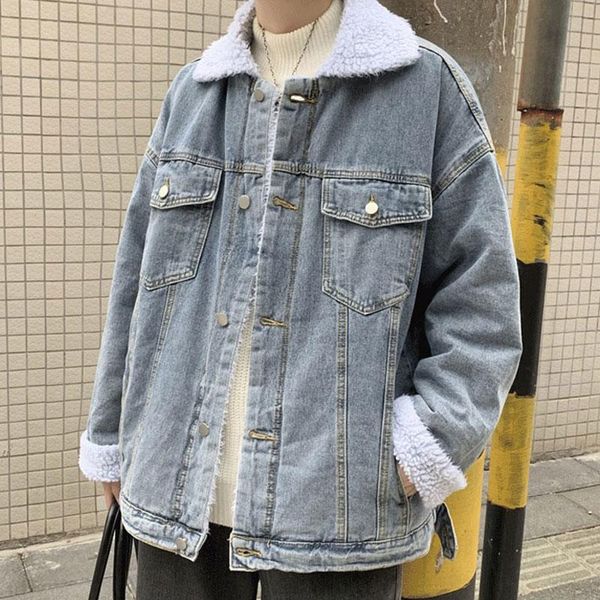 

men's jackets winter trendy brand plus velvet thick lamb wool denim jacket male korean version loose student all-match clothing, Black;brown