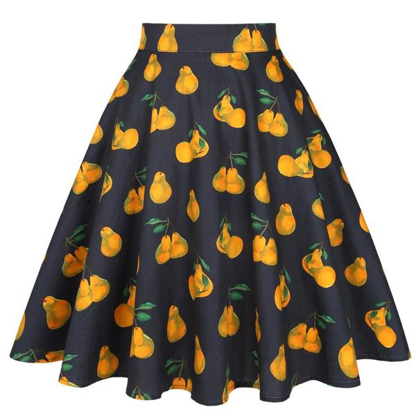 

skirts cotton vintage pear fruit print steampunk high waist flare knee-length skirt 2021 summer elegant modern lady women, Black