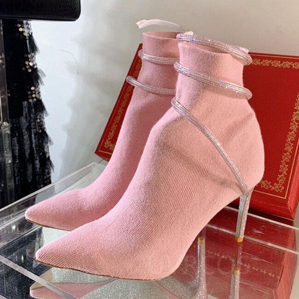 

boots 2021 autumn winter sock women high heel ankle rhinestone snake decoration luxury pointed toe stilettos, Black