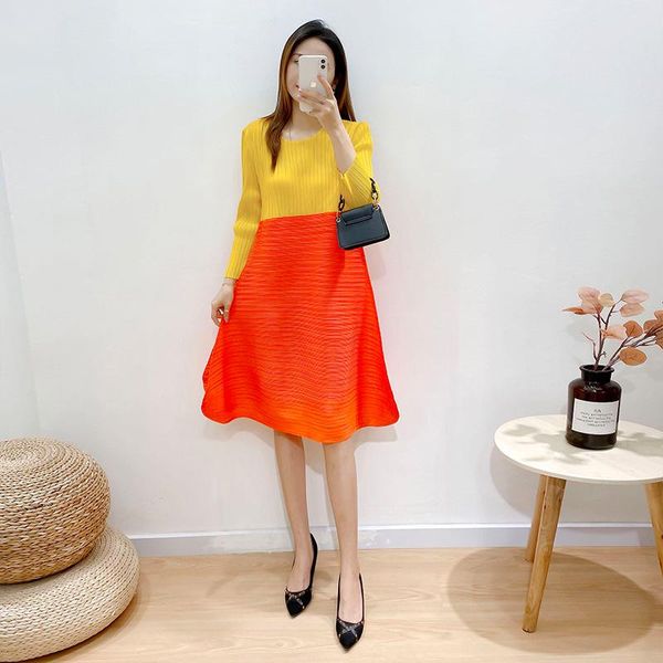 

casual dresses nice spring plus size african clothes for women dress miyake pleated long sleeve patchwork color indie aesthetic, Black;gray