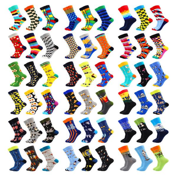 

novelty fashion cotton mens and women socks cartoon harajuku animal fruit food stripe art van gogh happy casual funny socks men 210727, Black
