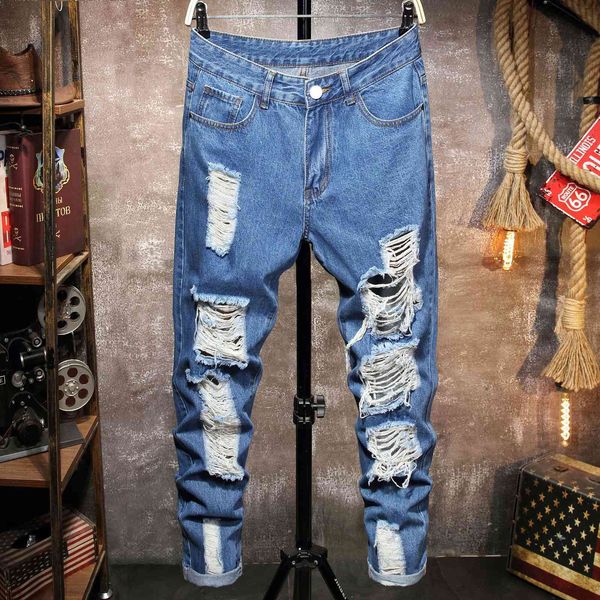 

jeans 2021 fashion blue mens sweatpants hole casual hip hop male ripped skinny trousers slim biker denim