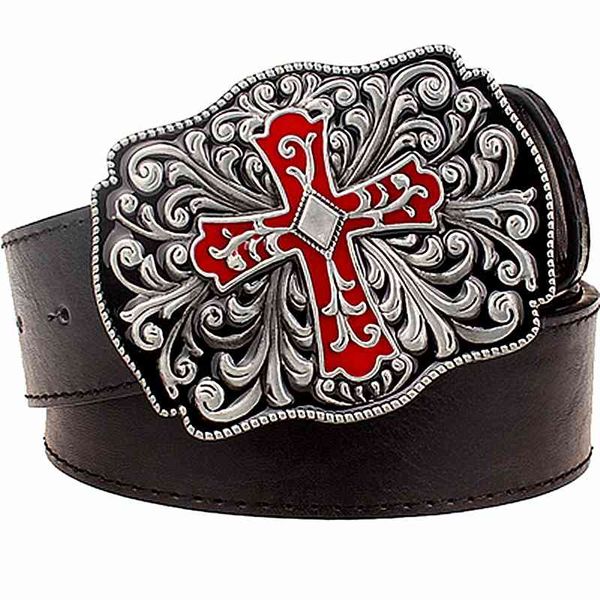

2021 low price wholesale fashion men's retro cross totem punk rock style metal crosses pattern arabesque belt cool hip hop dress up wai, Black;brown