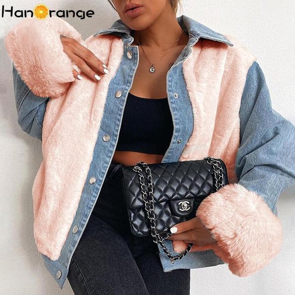 

women's jackets hanorange women's denim jacket leisure plush splicing warm autumn winter outwear, Black;brown