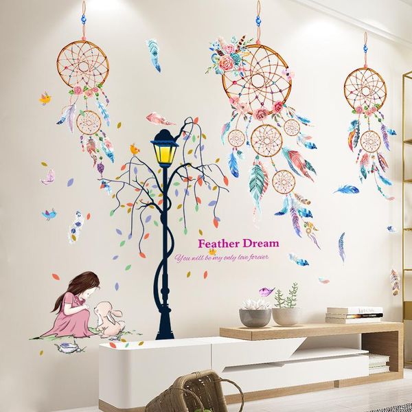 

wall stickers [shijuekongjian] dreamcatcher feathers sticker diy street light girl mural decals for kids room baby bedroom decoration
