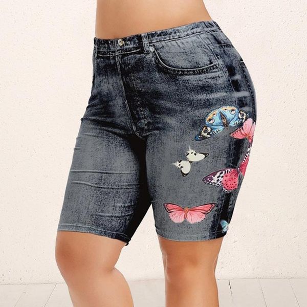 

20print plus size women shorts leggings summer fake butterfly denim ladies floral printed high waist female women's, White;black