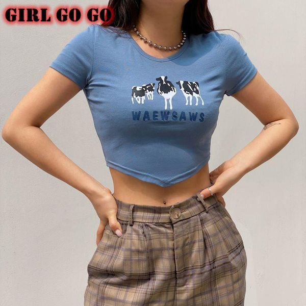 

women's t-shirt summer tshirts women cute cow print irregular hem kawaii crop t shirt bodycon streetwear fashion clothing aesthetic, White